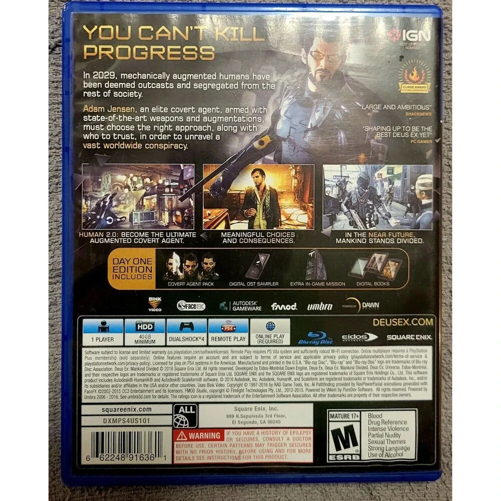 Deus Ex: Mankind Divided-Day One Edition (Sony PlayStation 4  PS4,CIB FAST SHIP